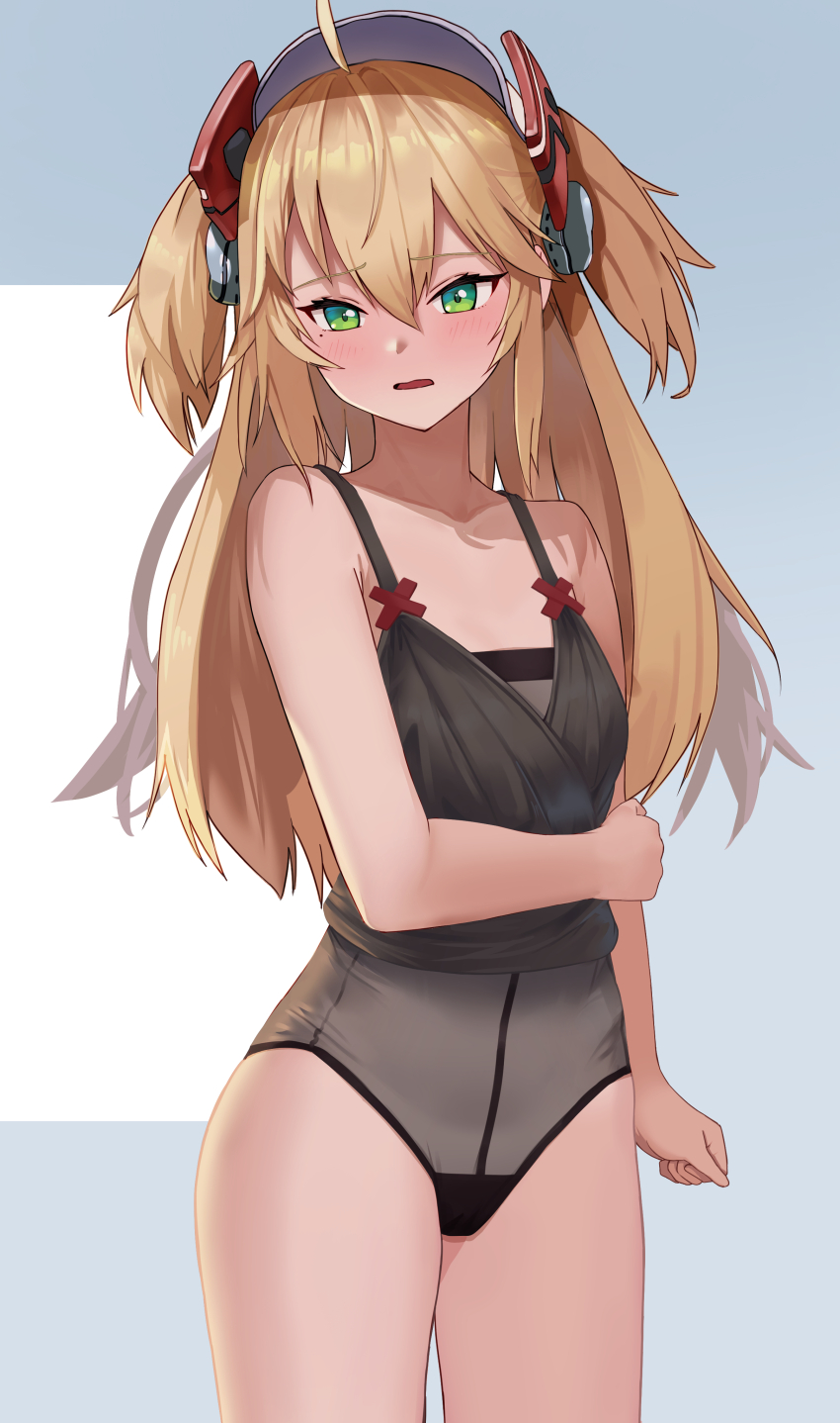 1girl, absurdres, admiral_hipper_(azur_lane), ahoge, armpit_crease, azur_lane, bare_shoulders, blonde_hair, blush, collarbone, commentary, green_eyes, hair_between_eyes, highres, long_hair, looking_at_viewer, mole, mole_under_eye, nanado27_7, nervous, open_mouth, solo, two_side_up, wavy_mouth