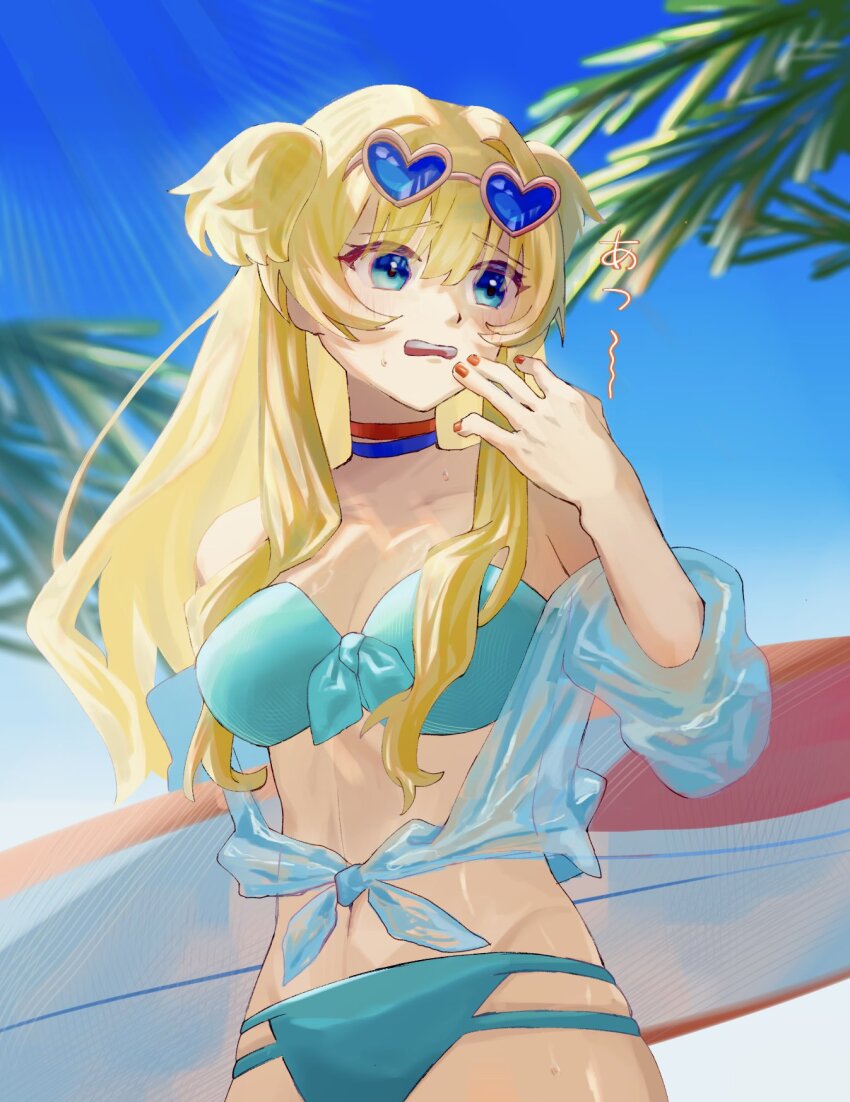 1girl, bikini, blonde_hair, blue_bikini, blue_choker, blue_eyes, blue_shirt, choker