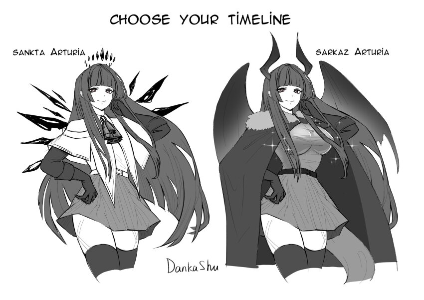 1girl, arknights, artist_name, ascot, breasts, cape, capelet, character_name, closed_mouth, cropped_legs, dankashu, detached_wings, dress, english_text, fur-trimmed_cape, fur_trim, gloves, greyscale, halo, hand_in_own_hair, hand_up, highres, horns, large_breasts, long_hair, long_sleeves, looking_at_viewer, meme, monochrome, multiple_views, sidelocks, signature, simple_background, skirt, smile, sparkle, split_mouth, tail, take_your_pick, thighhighs, very_long_hair, virtuosa_(arknights), virtuosa_(gargoyle)_(arknights), white_background, wings