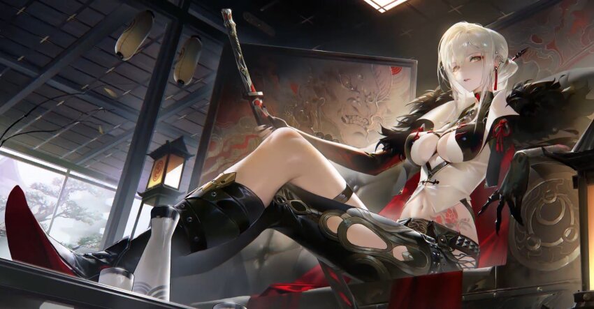 adhesive_bra, alpha:_crimson_weave_(pgr), alpha:_crimson_weave_(tsubaki)_(pgr), alpha_(pgr), black_bodysuit, black_boots, bodysuit, boots