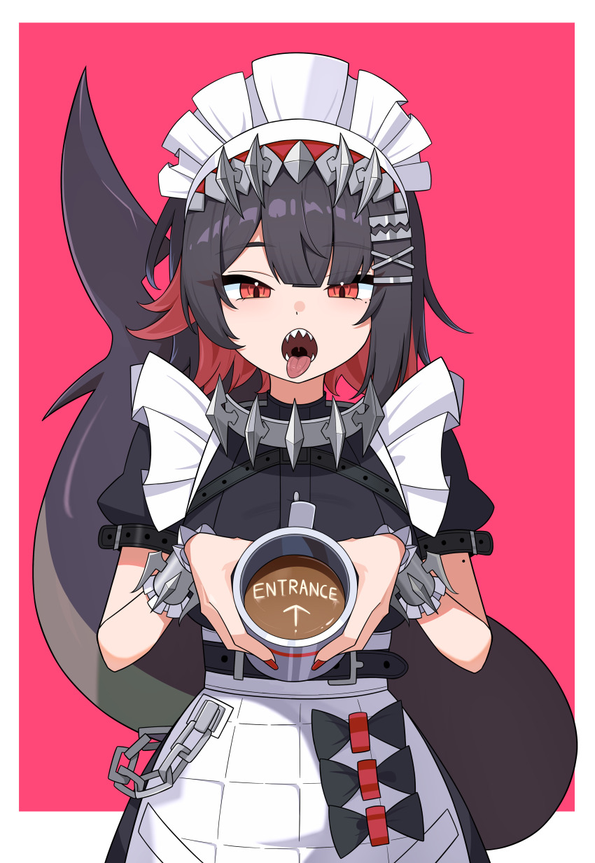 1girl, absurdres, apron, arrow_(symbol), black_hair, chain, coffee, commentary