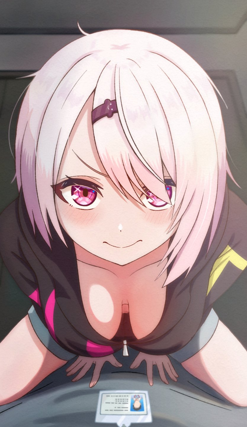 1girl, bent_over, blue_shirt, blue_shorts, blush, breasts, breasts_apart, brown_hoodie, closed_mouth, collarbone, commentary_request, day, downblouse, extended_downblouse, fingernails, girl_on_top, good_morning_my_brother_(meme), hair_ornament, hair_over_one_eye, hairclip, hands_on_another's_stomach, hanging_breasts, highres, hood, hoodie, id_card, indoors, large_breasts, leaning_forward, looking_at_viewer, multicolored_hoodie, navel, nijisanji, no_bra, pink_eyes, pink_hair, pink_hoodie, scene_reference, shiina_yuika, shiina_yuika_(2nd_costume), shiroma8016, shirt, shorts, smile, solo_focus, straddling, thighs, tokidoki_bosotto_roshia-go_de_dereru_tonari_no_alya-san, virtual_youtuber, yashiro_kizuku, yashiro_kizuku_(1st_costume), yellow_hoodie, zipper_pull_tab