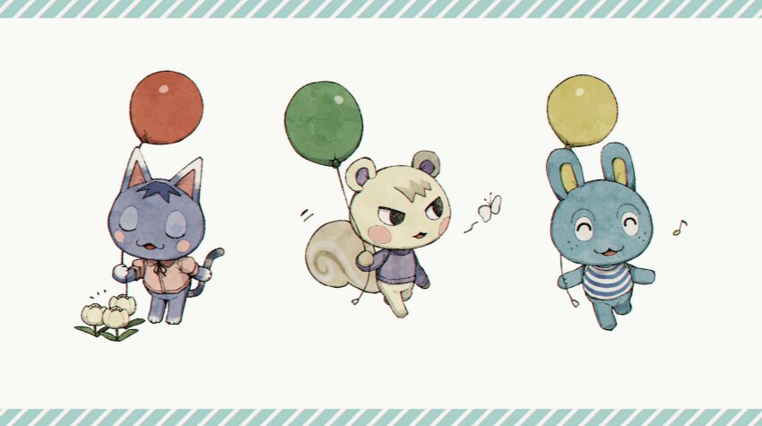 1girl, 2boys, :3, :d, ^_^, animal_crossing, balloon, black_eyes