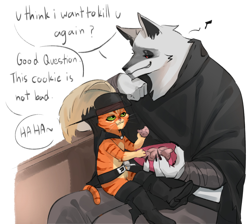 2boys, belt, black_cape, black_footwear, black_hat, black_sclera, boots, box, cape, cat, cat_boy, colored_sclera, commentary, death_(puss_in_boots), eating, english_commentary, english_text, fagon_k8877, furry, furry_male, furry_with_furry, green_eyes, happy_valentine, hat, hat_feather, heart-shaped_box, height_difference, highres, holding, holding_box, looking_at_another, male_focus, multiple_boys, musical_note, orange_cat, pants, poncho, puss_in_boots:_the_last_wish, puss_in_boots_(shrek), red_eyes, shrek_(series), sitting, size_difference, smirk, spoken_musical_note, tabby_cat, tail, teeth, whiskers, wolf_boy, yaoi