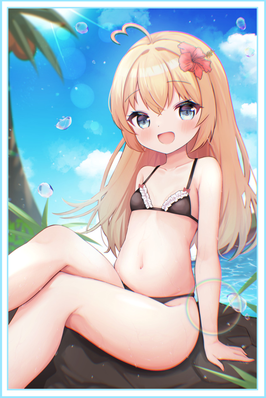 1girl, ahoge, bikini, black_bikini, blonde_hair, blue_eyes, cloud, flower