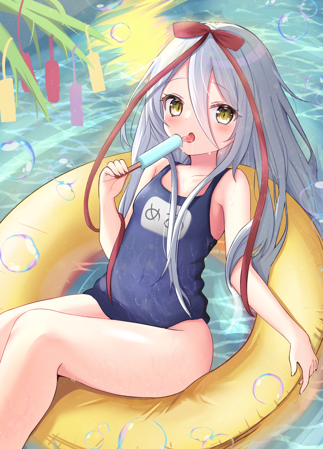 1girl, blue_one-piece_swimsuit, blush, bow, collarbone, hair_between_eyes, hair_bow, hair_ornament