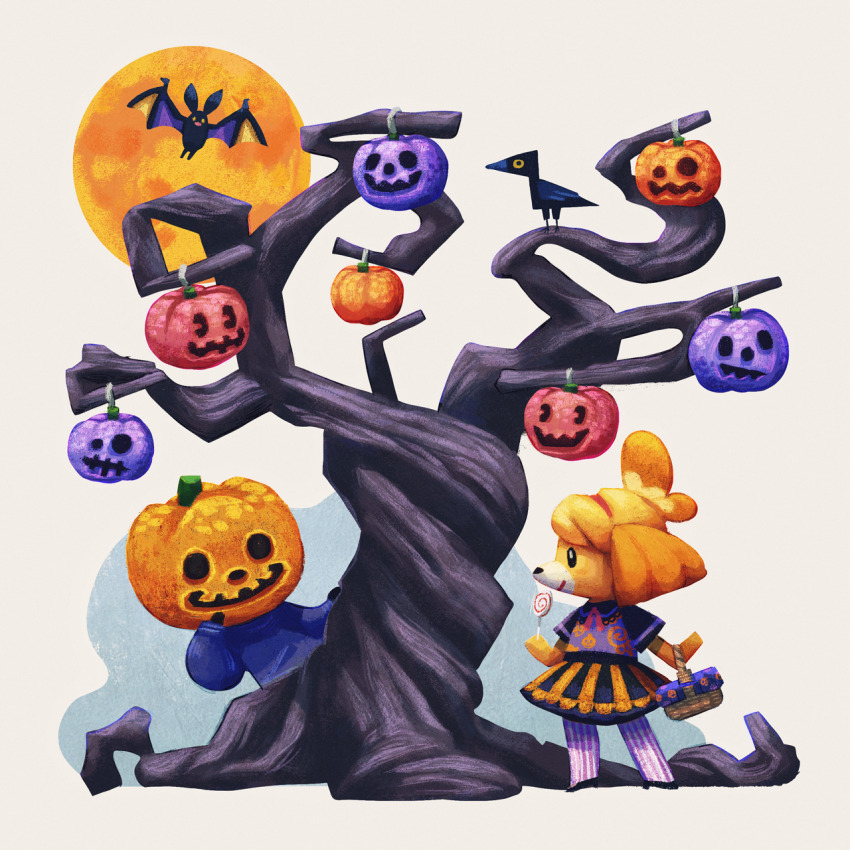 1boy, 1girl, animal_crossing, bare_tree, basket, bat_(animal), bird, black_skirt, black_sleeves, bright_pupils, candy, closed_mouth, collared_shirt, commentary, crow, dog_girl, elbow_carry, food, full_moon, furry, furry_female, halloween, halloween_costume, hand_up, highres, holding, holding_basket, holding_candy, holding_food, holding_lollipop, hollow_eyes, isabelle_(animal_crossing), jack-o'-lantern, jack_(animal_crossing), lace-trimmed_shirt_collar, lace_trim, lollipop, looking_at_another, looking_to_the_side, moon, nintendo, omochi_freedom, orange_skirt, peeking_out, pink_ribbon, print_shirt, pumpkin, pumpkin_head, pumpkin_print, purple_shirt, purple_thighhighs, ribbon, shirt, short_sleeves, simple_background, skirt, smile, standing, striped_clothes, striped_skirt, striped_thighhighs, swirl_lollipop, untranslatable_commentary, thighhighs, topknot, tree, vertical-striped_clothes, vertical-striped_skirt, vertical-striped_thighhighs, white_background, white_pupils, white_thighhighs