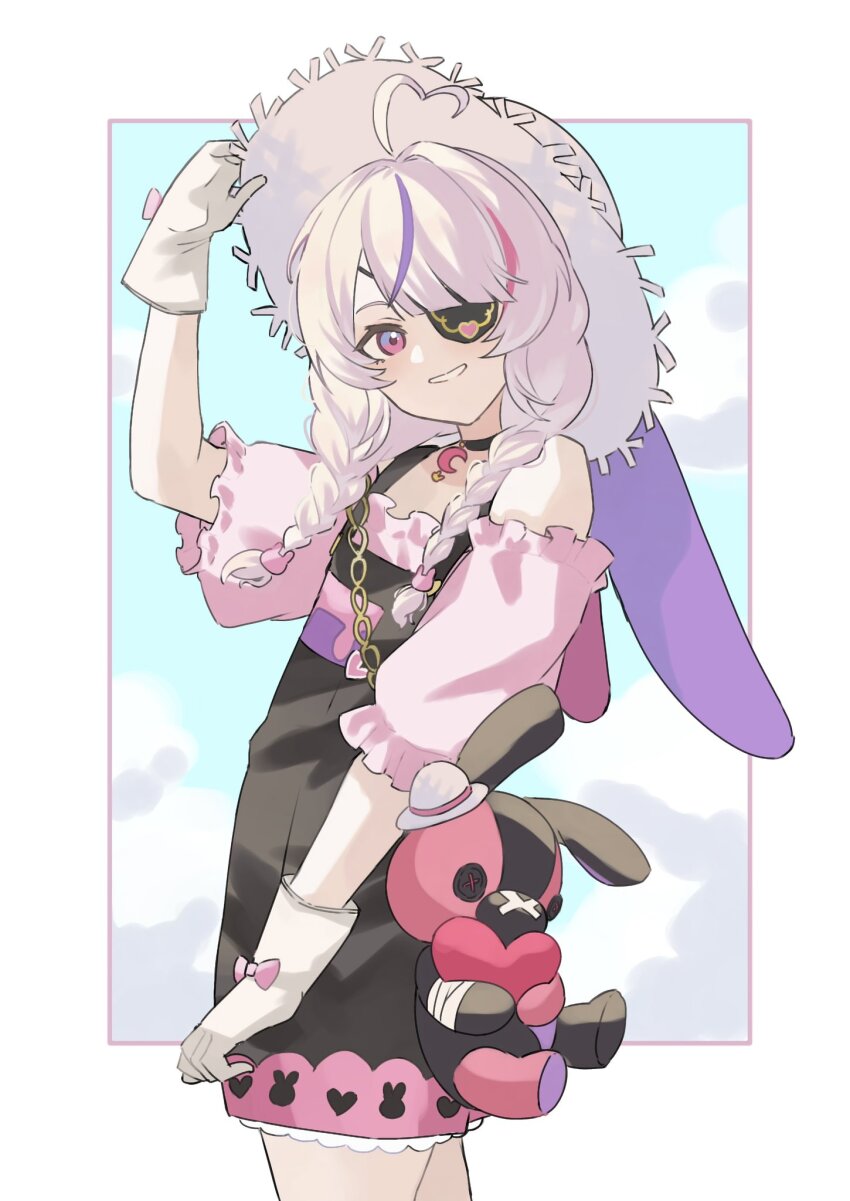 1girl, adjusting_clothes, adjusting_headwear, ahoge, arm_up, black_choker, blue_sky, border