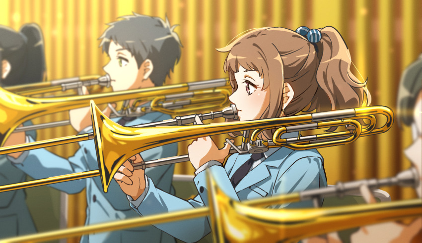 2boys, 2girls, band_uniform, black_hair, blurry, blurry_background, blurry_foreground, brown_hair