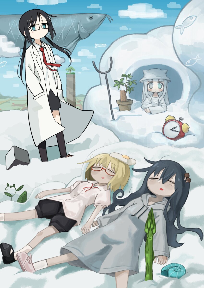 4girls, absurdres, alarm_clock, animal, artist_collaboration, asparagus, black_hair, black_shorts