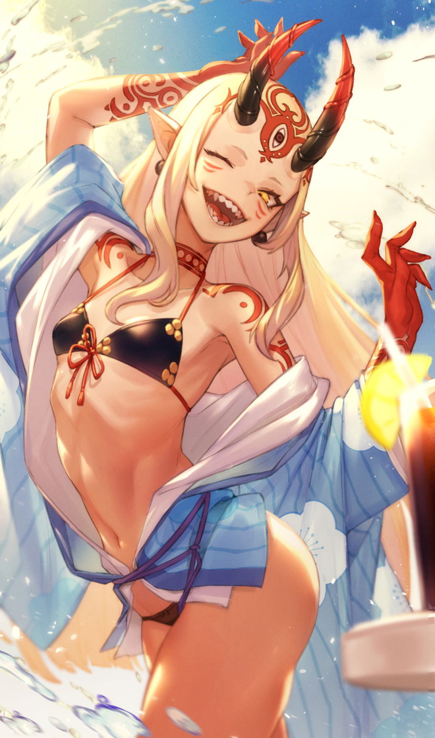 1girl, bare_shoulders, bikini, black_bikini, blonde_hair, blue_kimono, breasts, earrings
