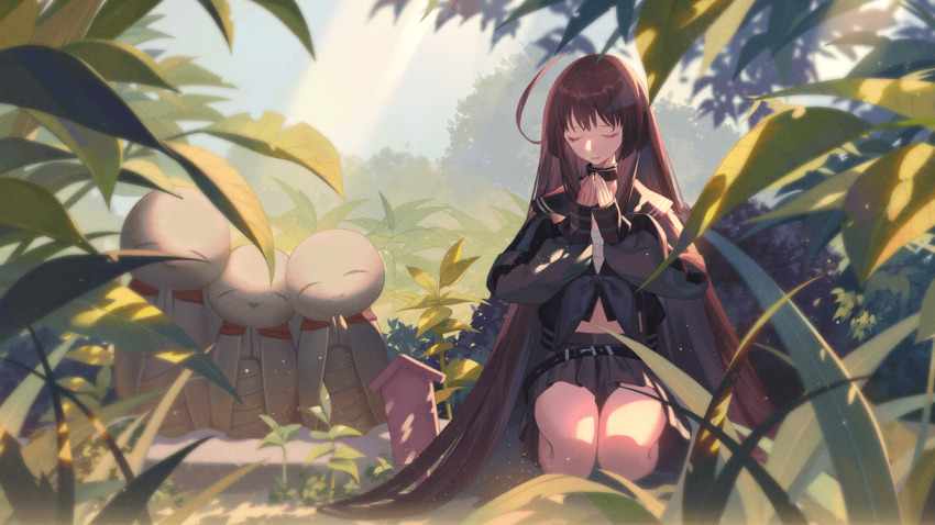 1girl, ahoge, artist_request, belt, black_choker, black_hair, black_neckerchief, black_sailor_collar