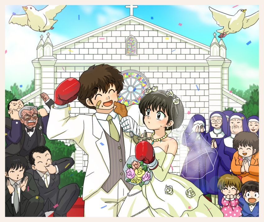 1_pound_no_fukuin, 6+boys, 6+girls, :d, bandaid, bandaid_on_face, bare_shoulders, bird, black_bow, black_bowtie, black_hair, black_suit, bouquet, bow, bowtie, boxing_gloves, bridal_veil, bride, brown_hair, church, closed_eyes, cross, dress, eating, flower, food, food_on_face, formal_clothes, glasses, grey_necktie, grey_vest, habit, hanataka_kosaku, hetero, highres, holding, holding_cross, jewelry, multiple_boys, multiple_girls, necklace, necktie, nun, nun_headdress, old, old_man, old_woman, open_mouth, orange_shirt, own_hands_together, polka_dot, polka_dot_dress, shirt, sister_angela, smile, suit, veil, vest, wanta_(futoshi), wedding, wedding_dress, white_suit, wimple