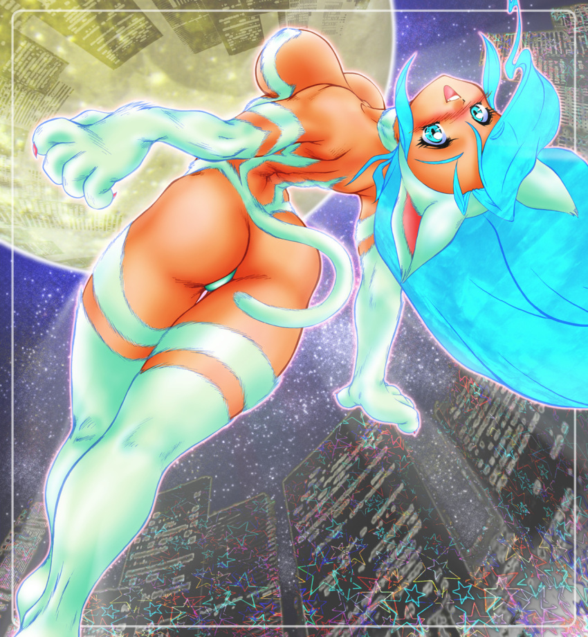 1girl, animal_ears, animal_hands, ass, backboob, bad_anatomy, blue_hair, breasts, capcom, cat_ears, cat_tail, city, darkstalkers, dutch_angle, felicia_(darkstalkers), female_focus, from_behind, fur, gintama_danshaku, highres, kneepits, large_breasts, solo, tail, tan, thighhighs, thighs