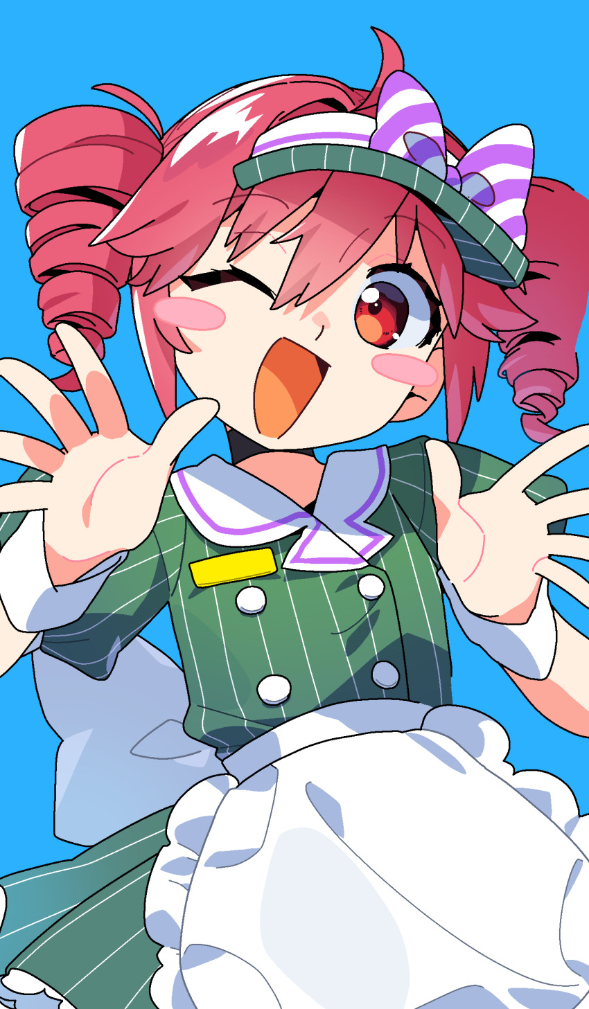 0tamt0, 1girl, :d, absurdres, ahoge, apron, back_bow, black_choker, blue_background, blush_stickers, bow, choker, collared_dress, commentary_request, cowboy_shot, dress, drill_hair, frilled_apron, frills, green_dress, hands_up, hat, hat_bow, head_tilt, highres, kasane_teto, looking_at_viewer, mesmerizer_(vocaloid), one_eye_closed, open_mouth, pinstripe_dress, pinstripe_hat, pinstripe_pattern, puffy_short_sleeves, puffy_sleeves, red_eyes, red_hair, short_hair, short_sleeves, simple_background, smile, solo, twin_drills, twintails, utau, visor_cap, white_apron, white_bow, wrist_cuffs