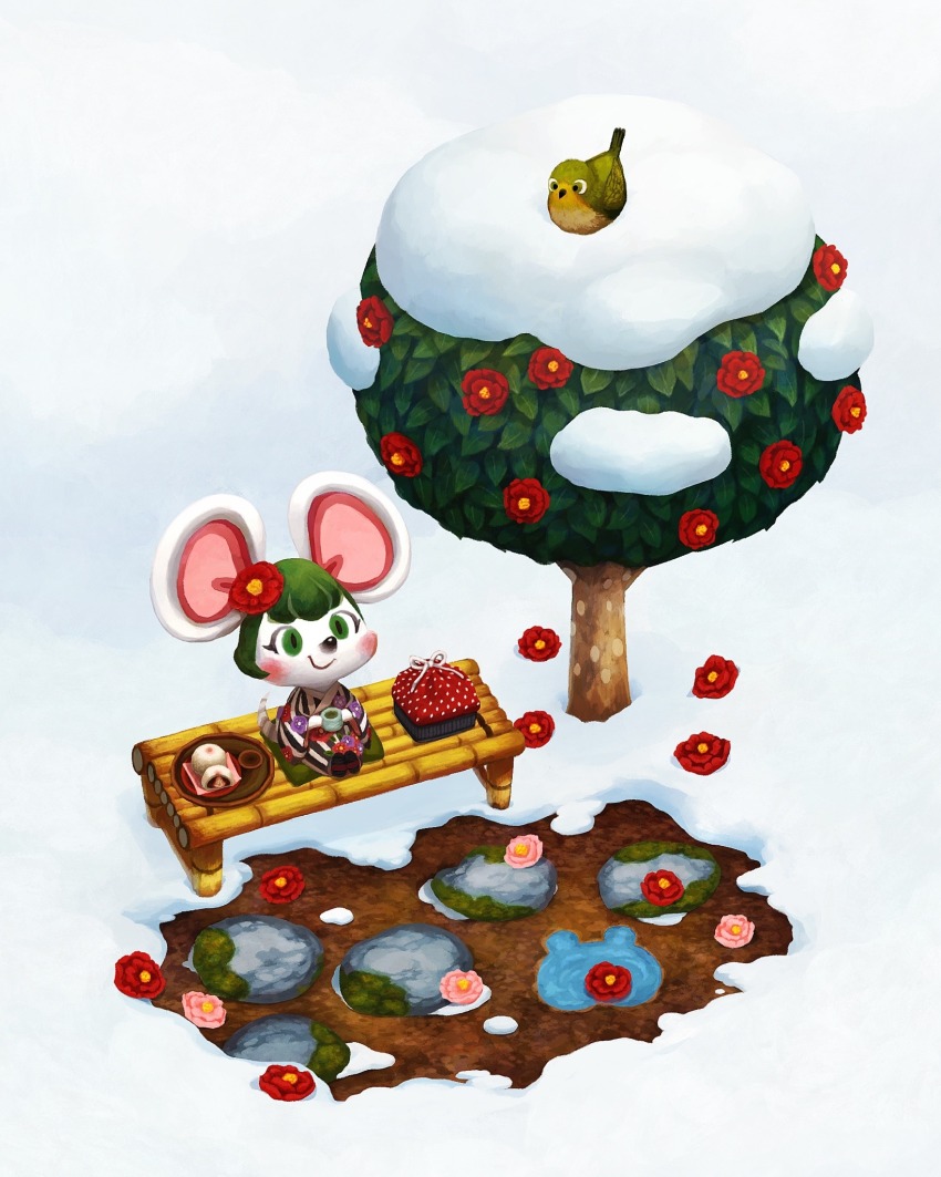 1girl, animal_crossing, bamboo_bench, bench, bento, bird, black_kimono, blush