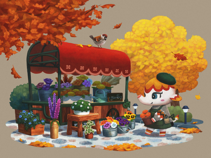 1girl, animal_crossing, apron, autumn, autumn_leaves, beret, bird, blue_eyes