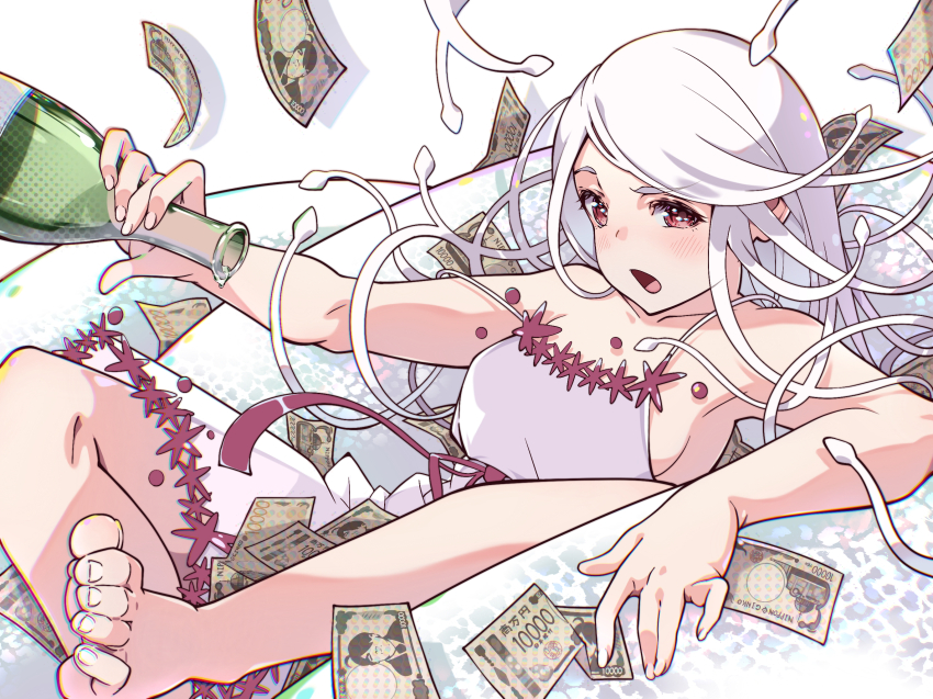 1girl, :o, animal, armpits, banknote, barefoot, blush, bottle