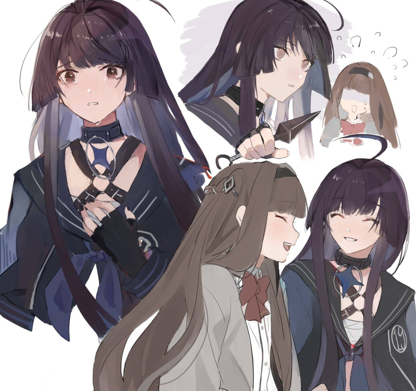 2girls, ^_^, ahoge, bad_id, bad_twitter_id, black_choker, black_eyes, black_gloves