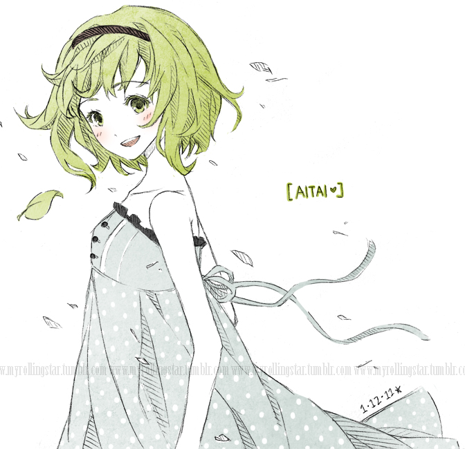 1girl, aitai_(vocaloid), blush, dress, female_focus, green_eyes, green_hair, gumi, hairband, joanna_(mojo!), leaf, matching_hair/eyes, open_mouth, short_hair, sketch, smile, solo, sundress, traditional_media, vocaloid, watermark