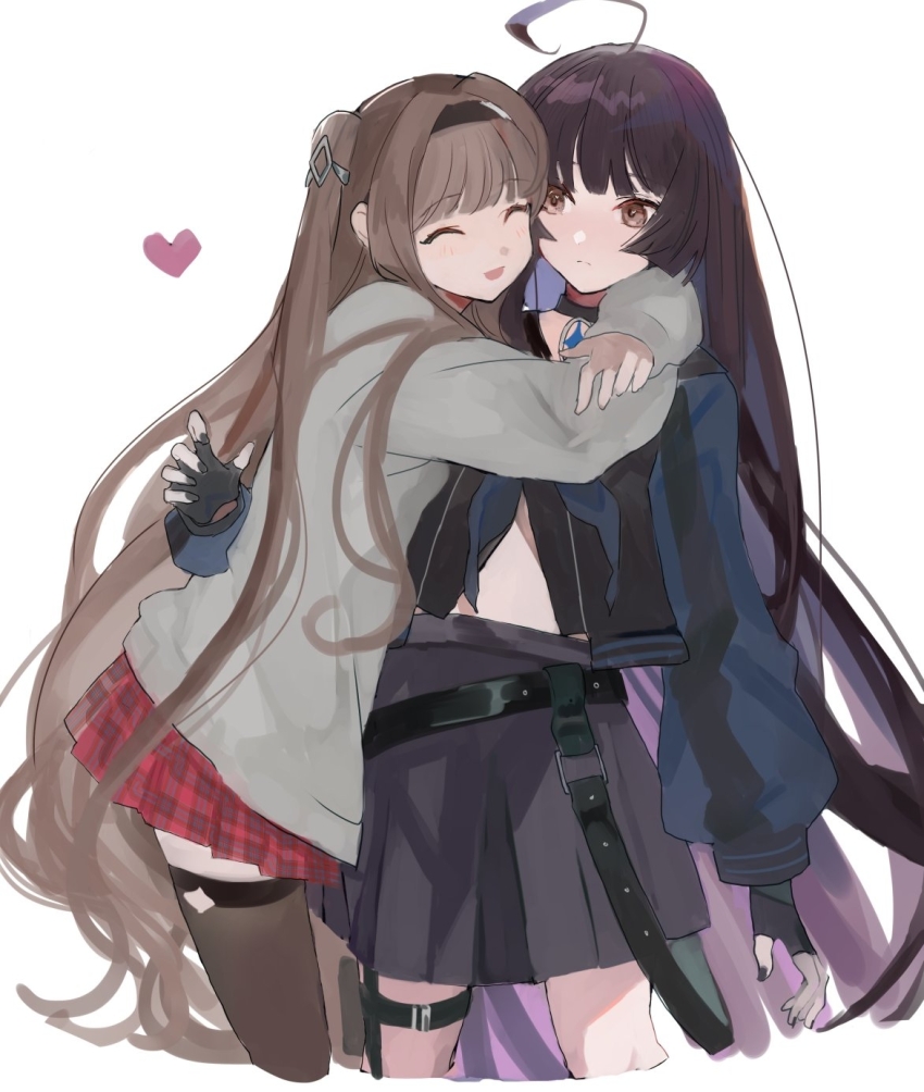 2girls, ^_^, ahoge, arms_around_neck, bad_id, bad_twitter_id, belt, black_choker