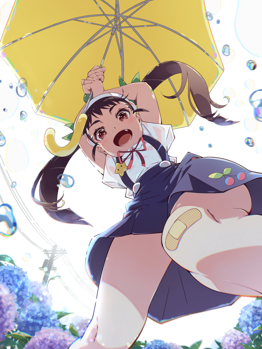 :d, absurdres, arm_over_head, arms_up, bakemonogatari, bandaid, bandaid_on_knee, bandaid_on_leg