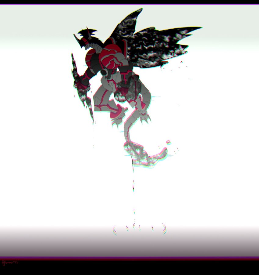 anaglyph, armor, aura, bakamaokun, black_armor, black_fire, black_wings, claws, core, creature, creature_focus, digimon, digimon_(creature), double_blade, dragon, fiery_tail, fiery_wings, fire, flaming_sword, flaming_weapon, flying, grey_armor, head_wings, highres, mecha, midair, monster, no_humans, red_armor, robot, shinegreymon, shinegreymon_ruin_mode, solo, sword, tail, weapon, wings
