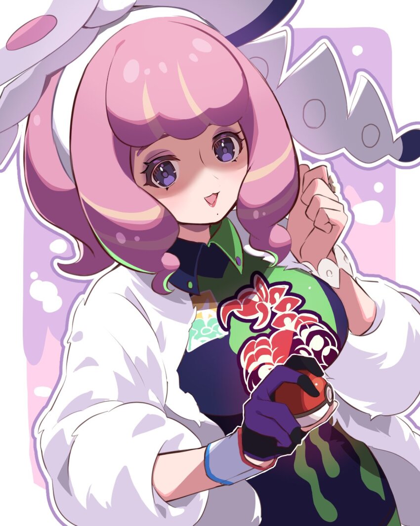 1girl, bow, bracelet, breasts, collared_shirt, drill_hair, dynamax_band, eyeshadow, flipped_hair, fur_jacket, gloves, hair_bow, hairband, highres, jacket, jewelry, klara_(pokemon), makeup, medium_breasts, mole, mole_under_mouth, nintendo, partially_fingerless_gloves, pink_eyeshadow, pink_hair, pink_lips, pokemon, pokemon_sword_and_shield, print_shirt, print_shorts, purple_eyes, ring, shaded_face, shirt, short_hair, shorts, side_slit, side_slit_shorts, single_glove, solo, twin_drills, upper_body, white_bow, white_hairband, winegrapeivy