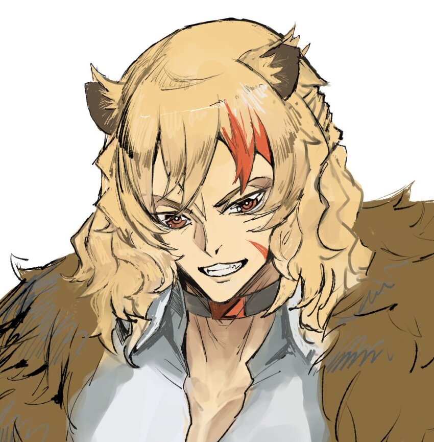 1boy, animal_ears, black_choker, blonde_hair, brown_eyes, choker, clenched_teeth, commentary