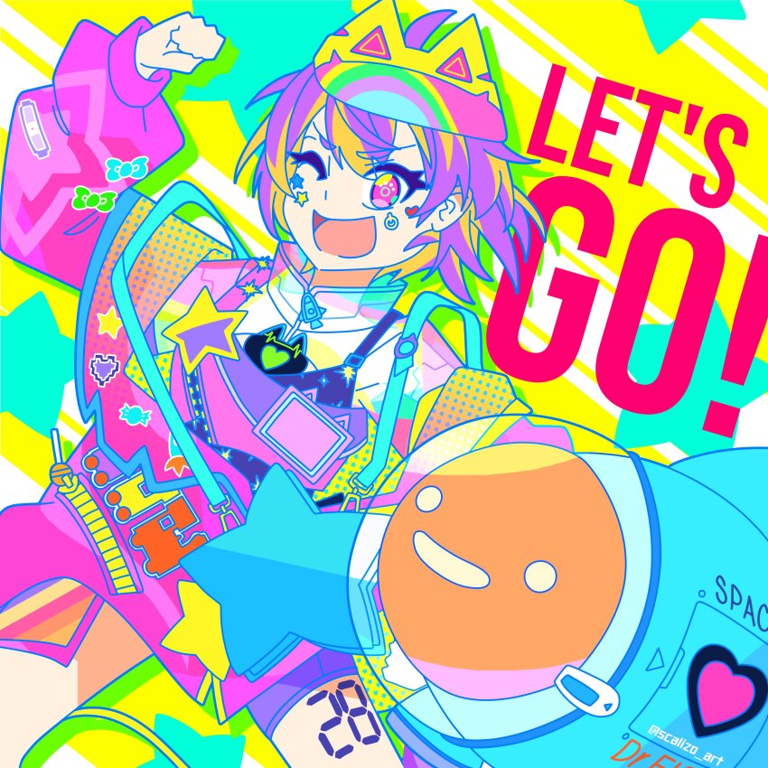 1girl, ;d, absurdres, ahoge, aurix_"rixxy"_brightful, bag, blonde_hair, blue_bag