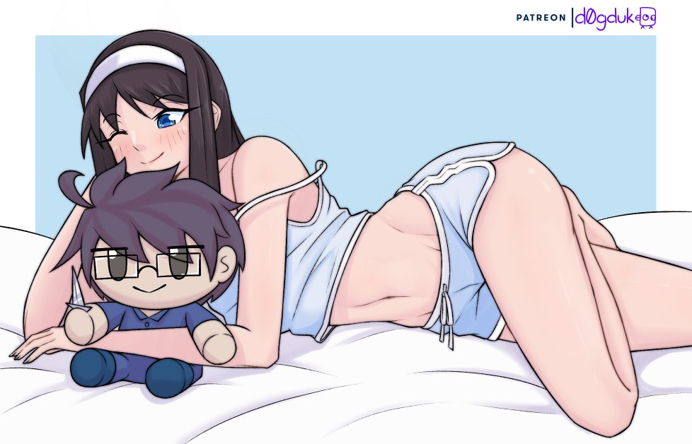 black_hair, blue_background, blue_eyes, blush, crossed_legs, d0gduk, glasses, kagetsu_tooya, knife, long_hair, lying, melty_blood, navel, one_eye_closed, short_hair, smile, stomach, stuffed_toy, tiara, tohno_akiha, tohno_shiki, tsukihime, watermark, wink