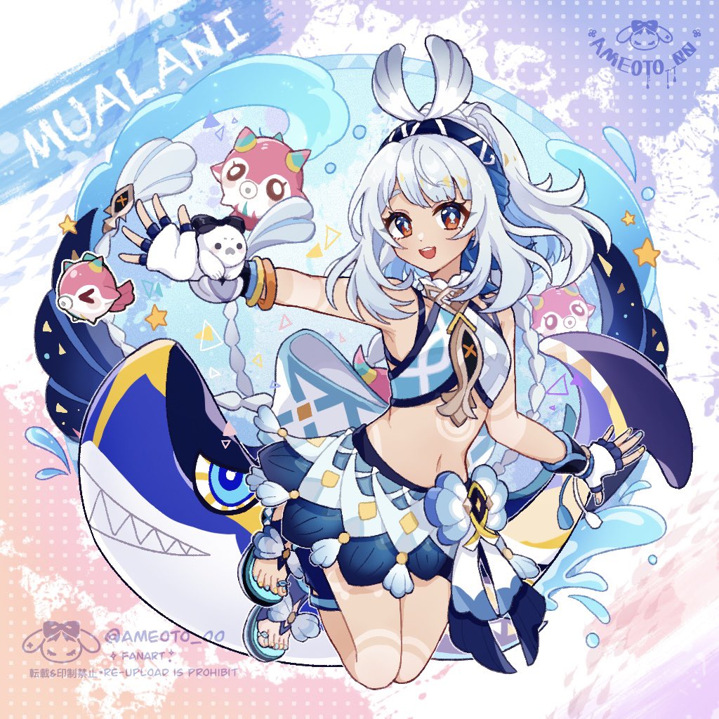 1girl, :d, ameoto_00, bare_shoulders, blue_hairband, character_name, crop_top, fingerless_gloves, genshin_impact, gloves, hairband, long_hair, looking_at_viewer, midriff, mualani_(genshin_impact), navel, open_mouth, red_eyes, sandals, smile, solo, stomach, twitter_username, very_long_hair, white_gloves, white_hair