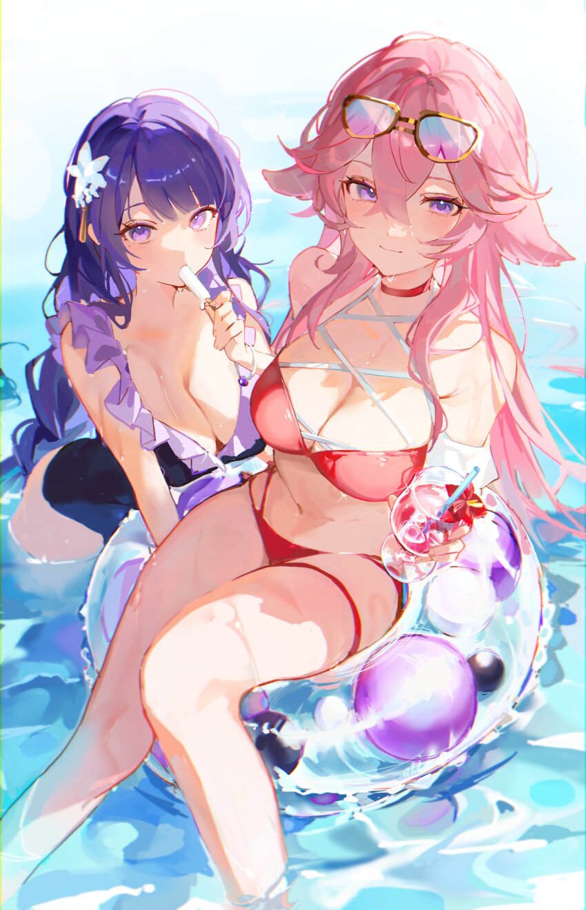 2girls, absurdres, bikini, breasts, choker, cleavage, food, genshin_impact