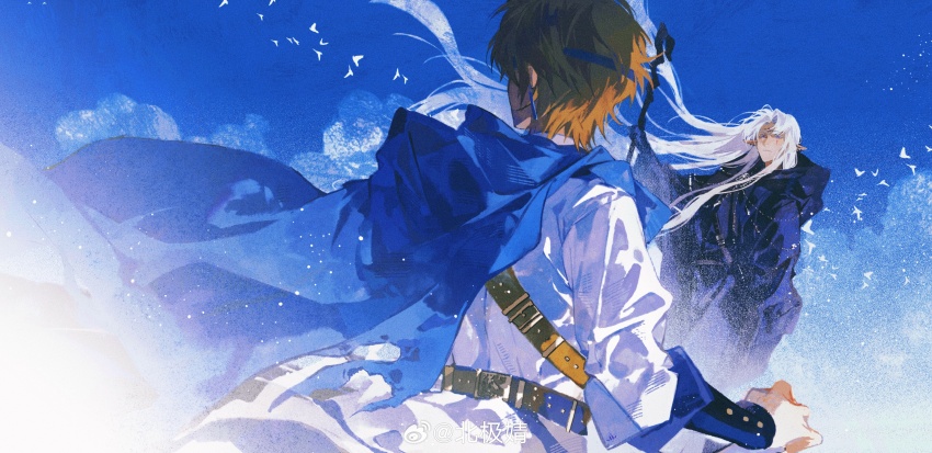 2boys, absurdly_long_hair, absurdres, belt, belt_buckle, black_cloak, black_gloves, blonde_hair