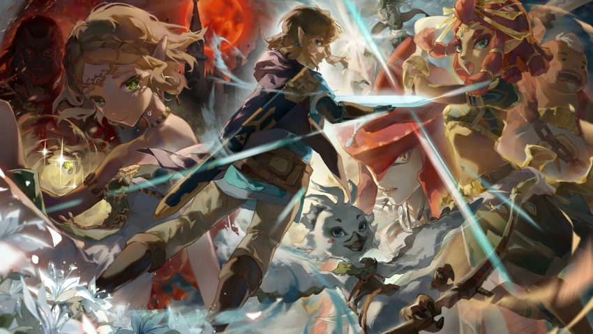 3girls, 5boys, absurdres, blonde_hair, braid, brown_pants, castle, champion's_tunic_(zelda)