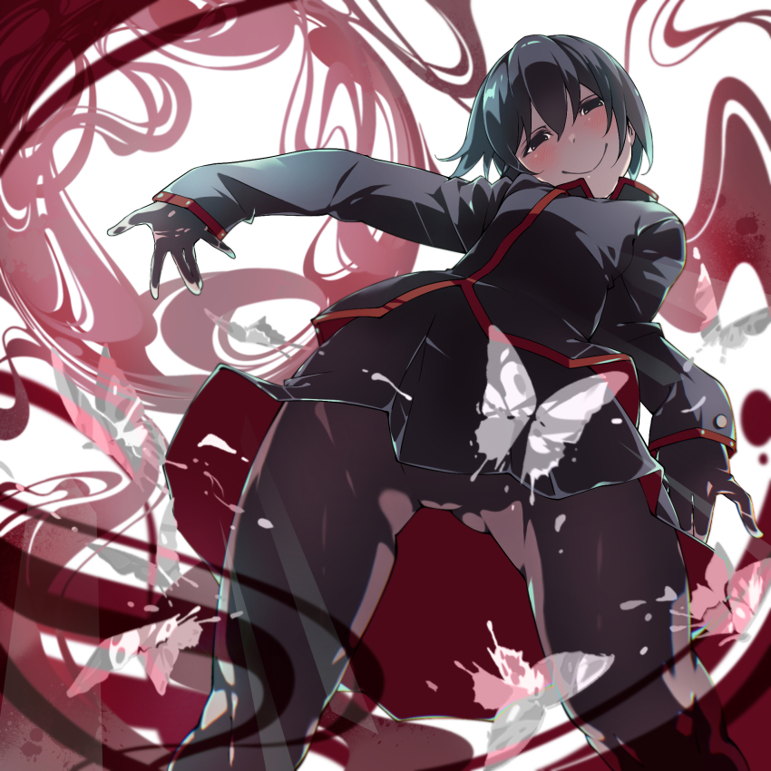 1girl, androgynous, black_eyes, black_gloves, black_hair, black_jacket, black_pantyhose, black_skirt