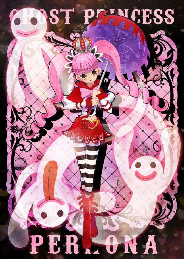 1girl, black_eyes, bow, capelet, character_name, crown, drill_hair, ghost