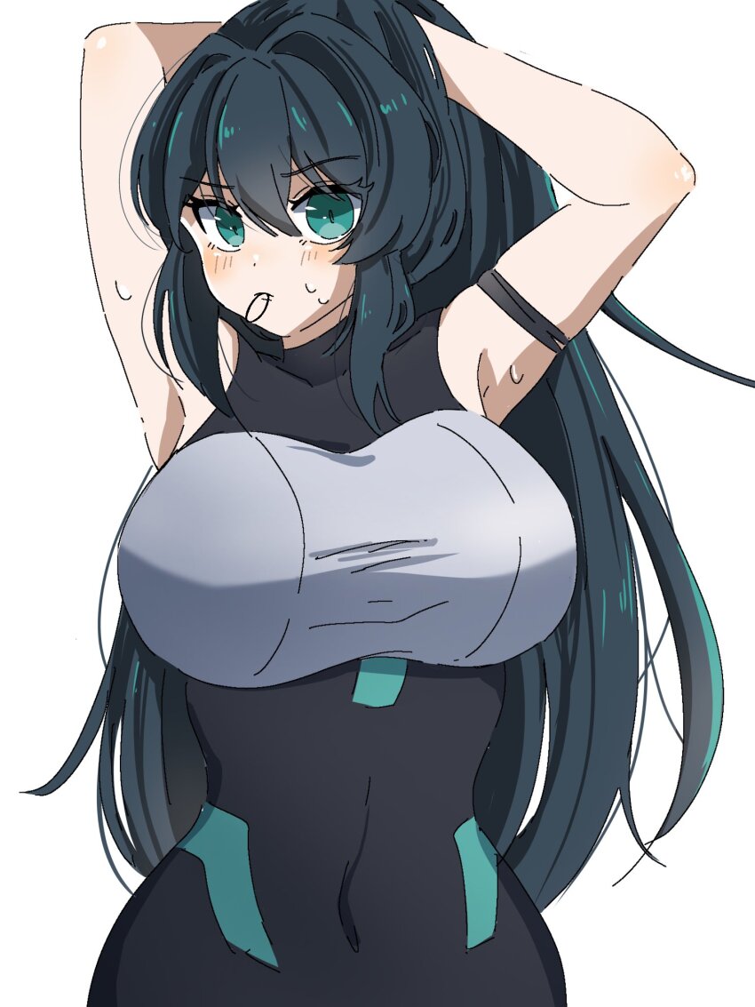 1girl, arm_strap, armpits, black_hair, blush, bodysuit, covered_navel, green_eyes
