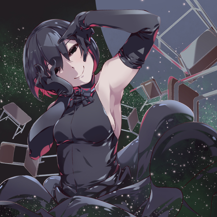 1girl, abs, arm_up, armpits, bare_shoulders, black_background, black_dress, black_eyes