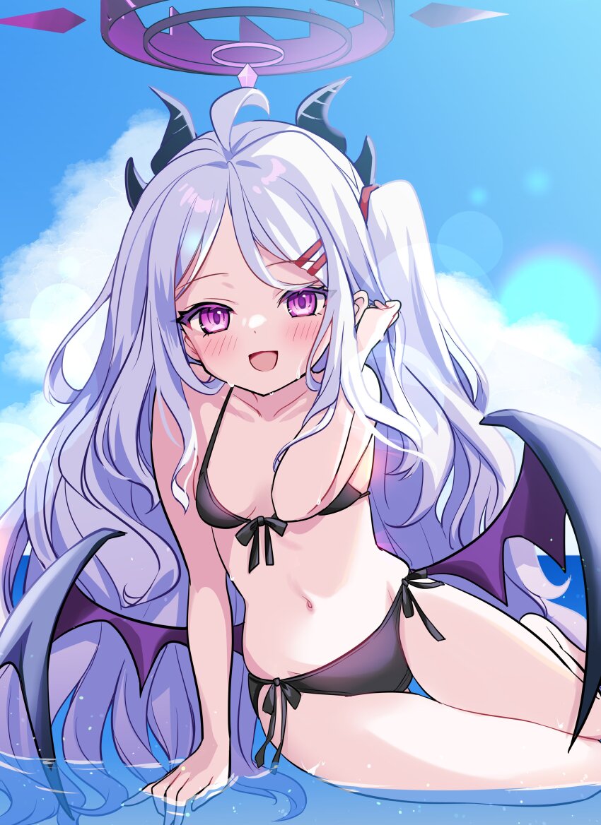 1girl, :d, absurdres, adjusting_hair, ahoge, alternate_costume, arm_support, bikini