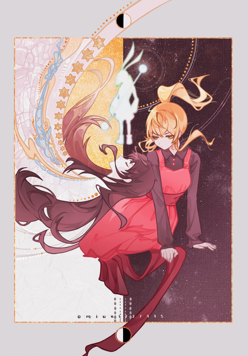 1boy, 1girl, absurdres, blonde_hair, brown_hair, brown_shirt, buttons, closed_eyes, closed_mouth, collared_shirt, dress, floating_hair, headon_(tower_of_god), highres, long_hair, long_sleeves, looking_at_another, looking_at_viewer, ponytail, profile, rachel_(tower_of_god), red_dress, rolling-ruffles, shirt, sitting, sleeves_past_wrists, star_(symbol), tower_of_god, twenty-fifth_bam, very_long_hair, yellow_eyes