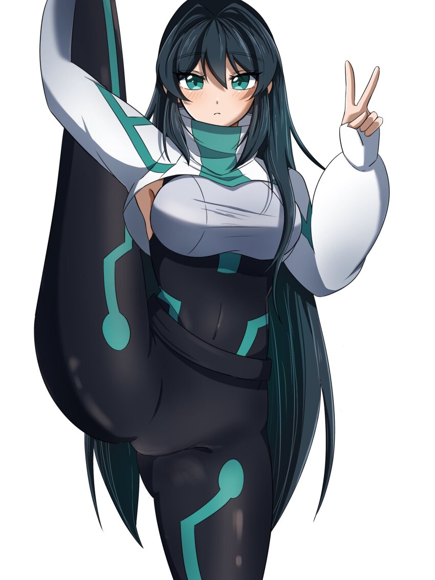 belt, black_belt, black_bodysuit, black_hair, blush, bodysuit, covered_navel, cowboy_shot