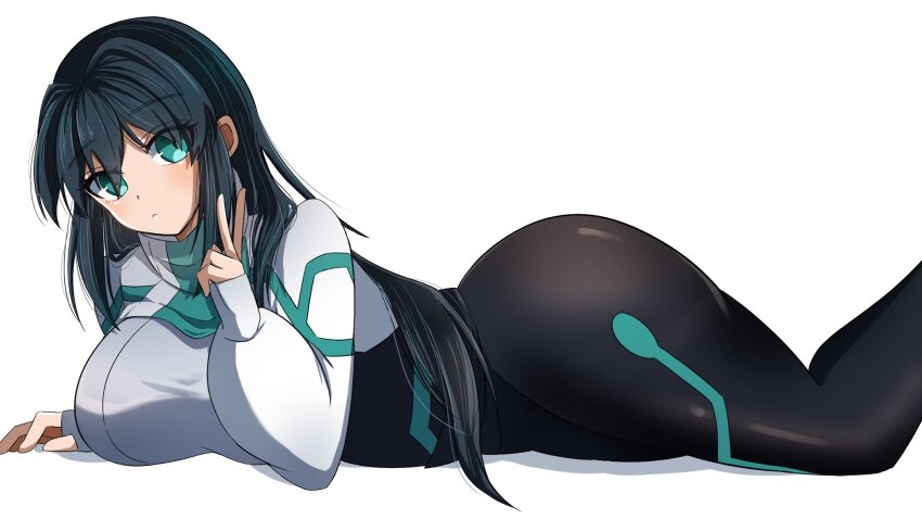 1girl, ass, black_bodysuit, black_gloves, black_hair, blush, bodysuit, commentary