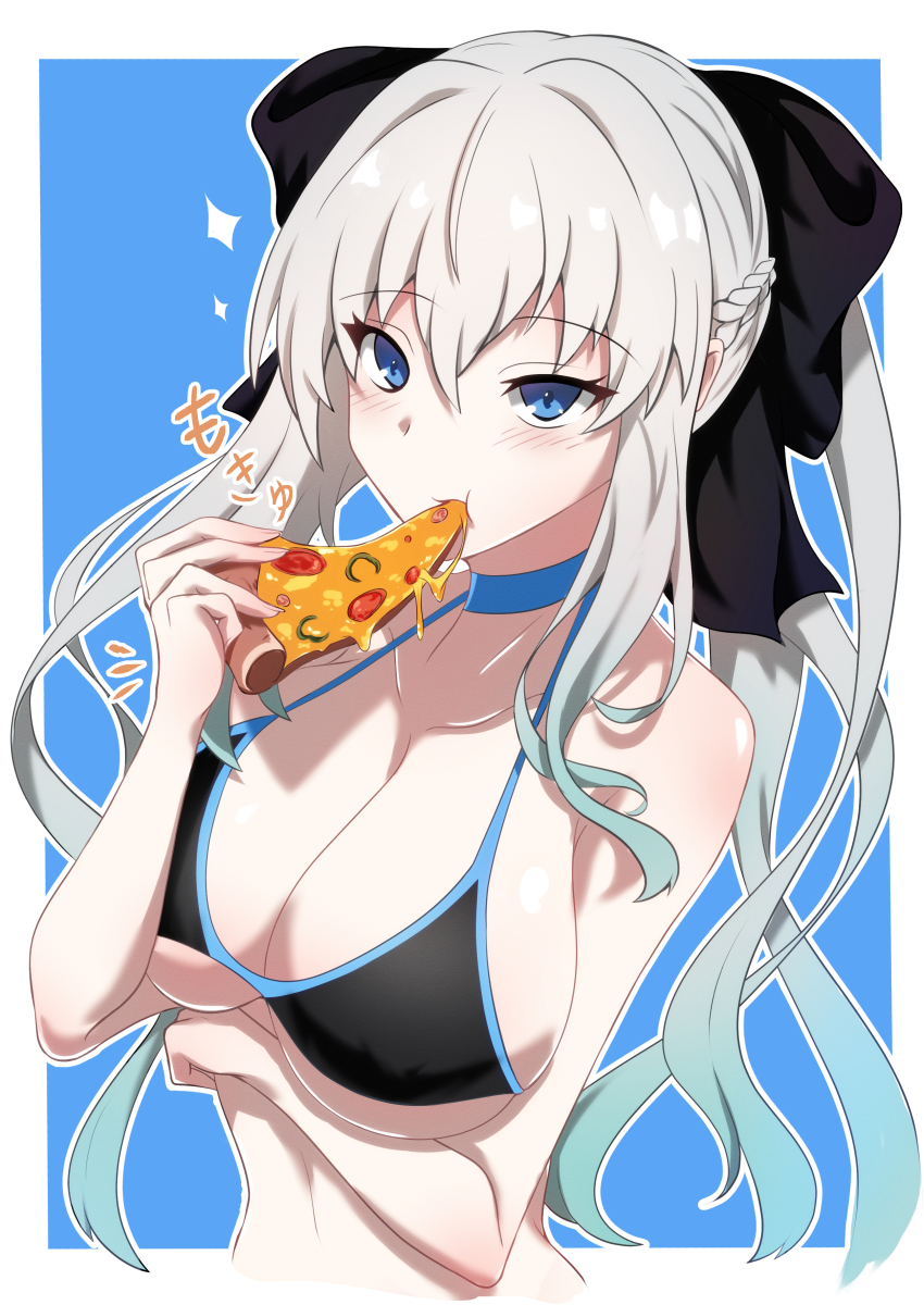 1girl, :t, absurdres, arm_under_breasts, bikini, black_bikini, blue_background, blush