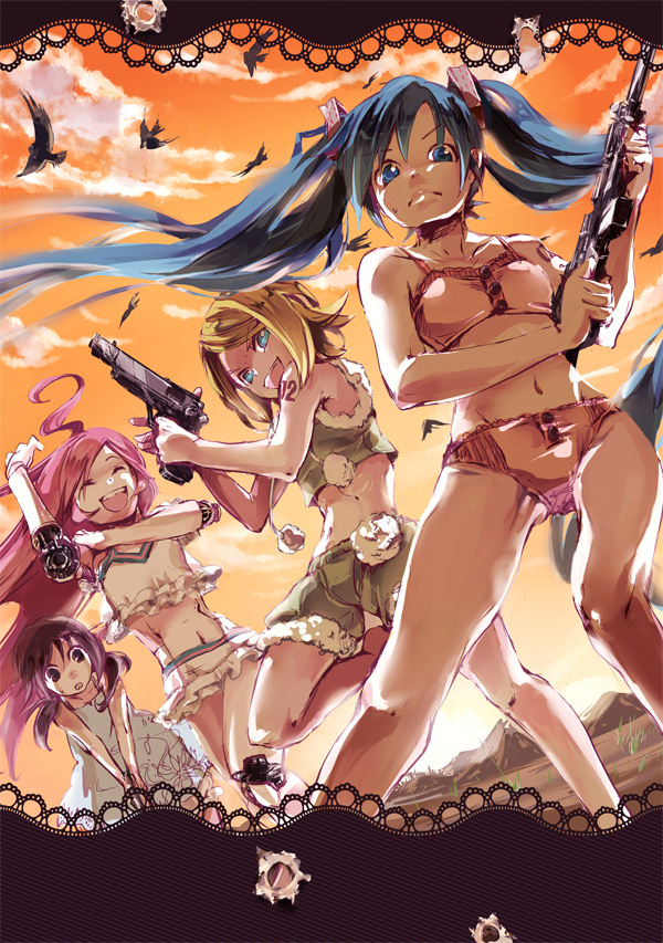 4girls, android, aqua_eyes, aqua_hair, arm_cannon, blonde_hair, brown_eyes, brown_hair, gun, gyorui_(toura_minato), hatsune_miku, kaai_yuki, kagamine_rin, long_hair, multiple_girls, navel, plus7, red_hair, rifle, sf-a2_miki, short_hair, shorts, skirt, smile, twintails, very_long_hair, vocaloid, weapon