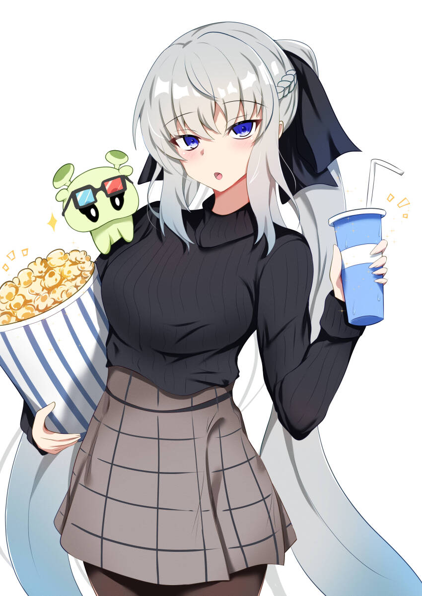 1girl, 3d_glasses, :o, absurdres, black_sweater, blue_eyes, blush, breasts