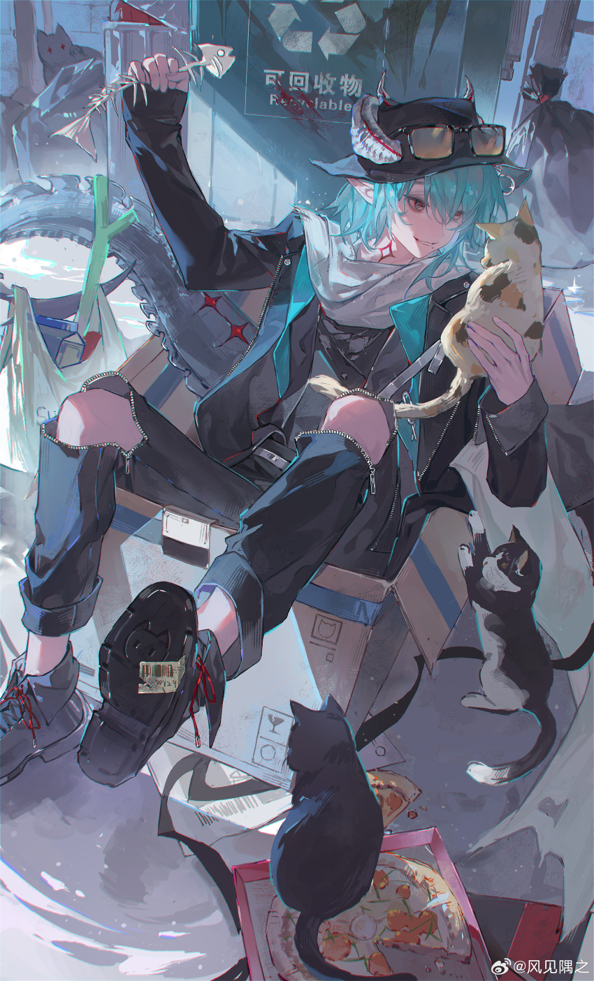 1boy, absurdres, animal, arknights, arrow_(symbol), bag, black_hat, black_jacket