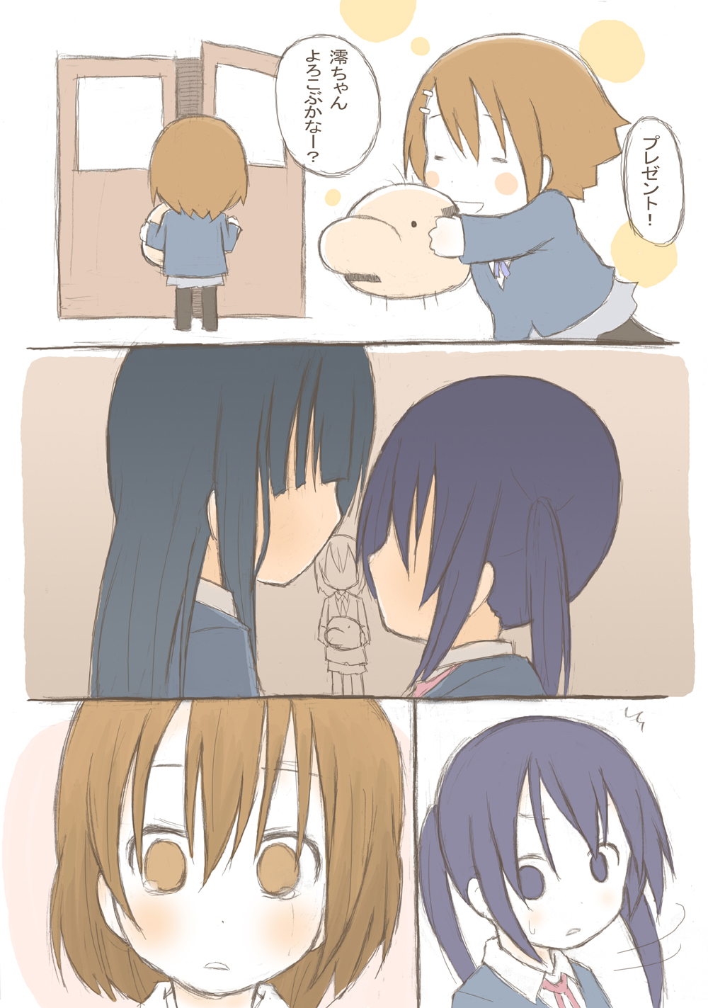 3girls, =_=, akiyama_mio, black_eyes, black_hair, blush_stickers, brown_eyes, brown_hair