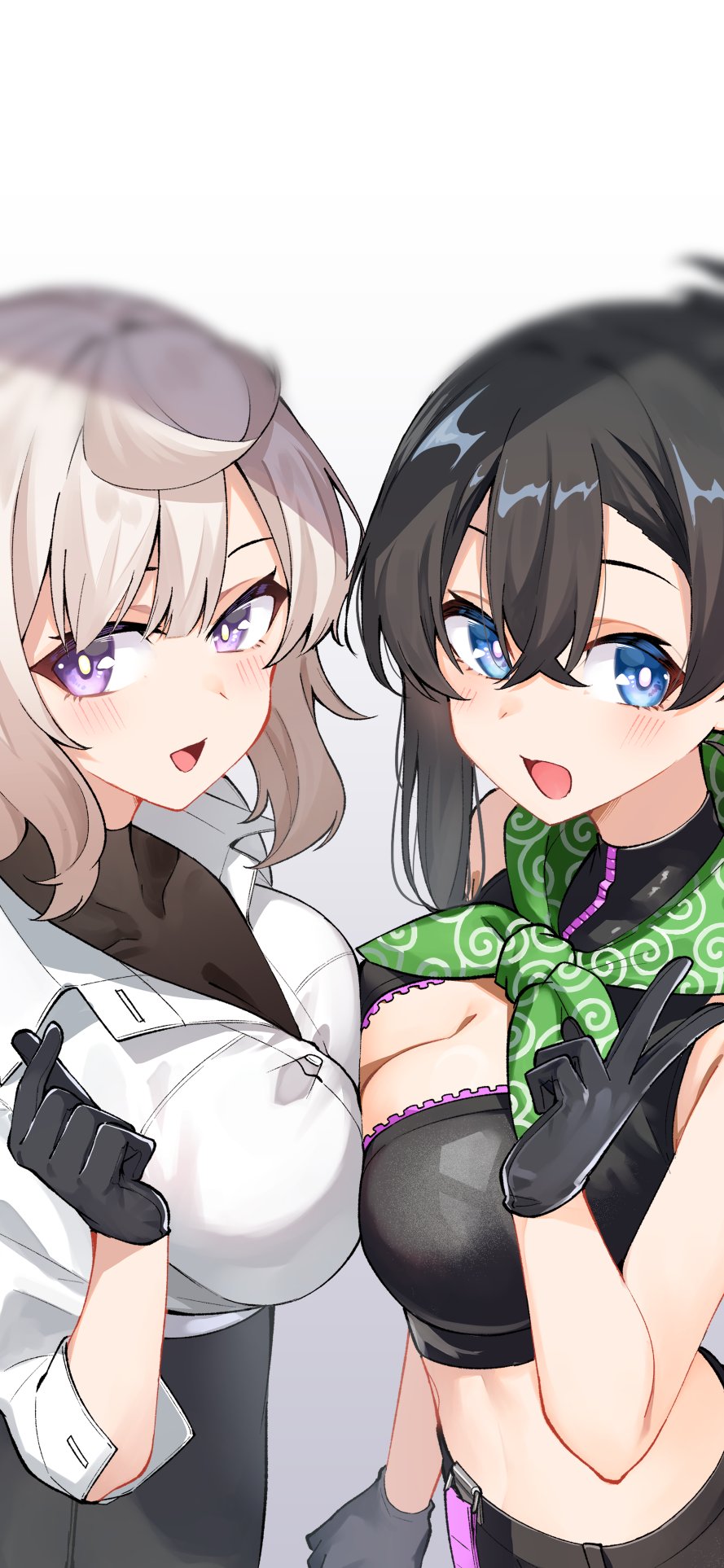 2girls, bandana, bandana_around_neck, bare_shoulders, black_gloves, black_hair, black_shirt, black_shorts, black_skirt, blue_eyes, blurry, breast_press, breasts, cleavage, commentary_request, cowboy_shot, crop_top, crossed_bangs, depth_of_field, dorobou-chan, finger_heart, gloves, gradient_background, green_bandana, highres, hitotose_hirune, jacket, large_breasts, light_brown_hair, looking_at_viewer, midriff, multiple_girls, nemukata_(dorobou-chan), open_mouth, original, partially_unzipped, pencil_skirt, purple_eyes, shirt, shorts, skirt, smile, symmetrical_docking, turtleneck, turtleneck_shirt, v, white_jacket, yuri