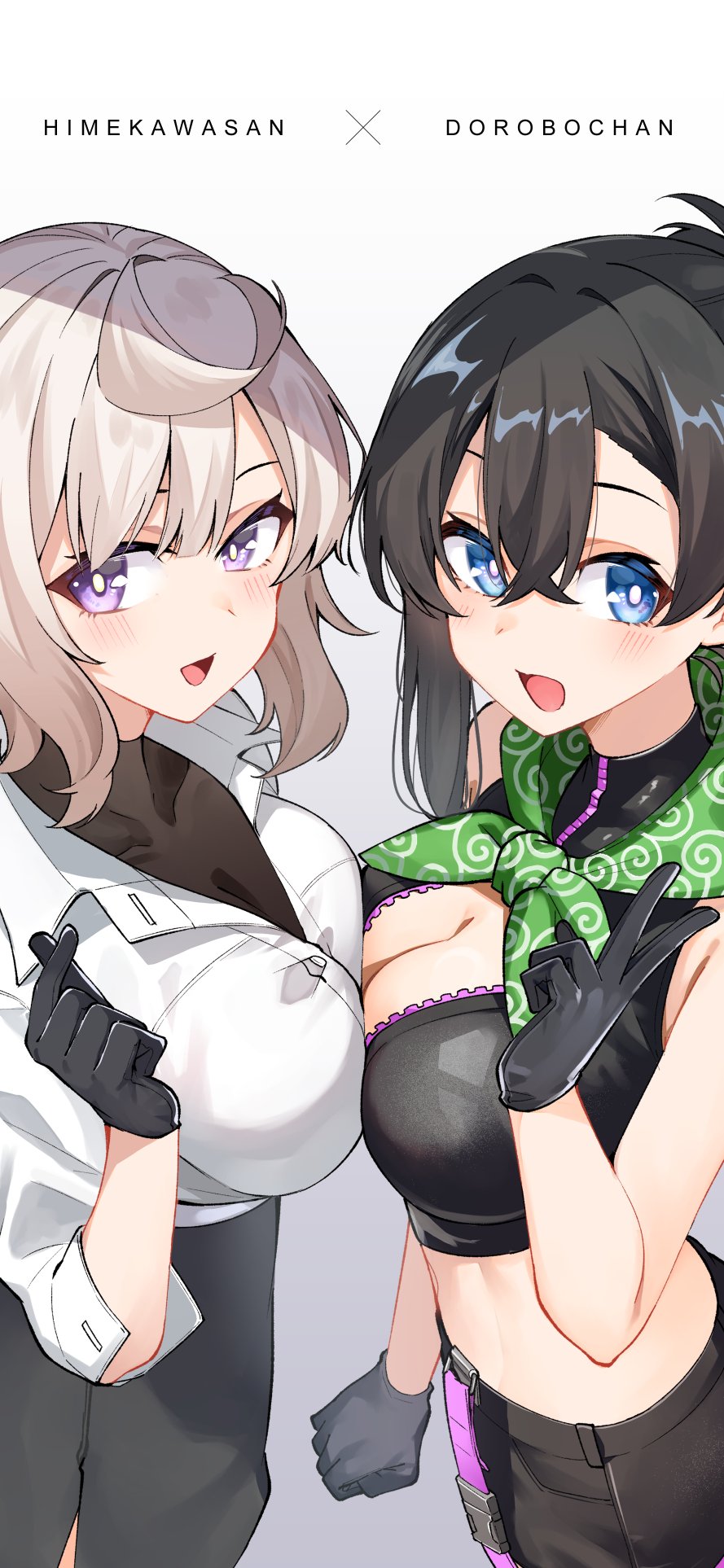2girls, bandana, bandana_around_neck, bare_shoulders, black_gloves, black_hair, black_shirt, black_shorts